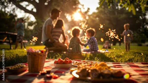 Family and friends enjoying a picnic with sparklers at sunset in the park. Summer leisure and celebration concept.