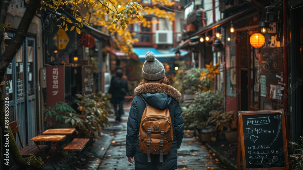 Naklejka premium Beautiful woman traveling in the big city. A lifestyle travel a relaxed, street life. Explore city streets through the eyes of a lifestyle traveler, the diversity of its people.