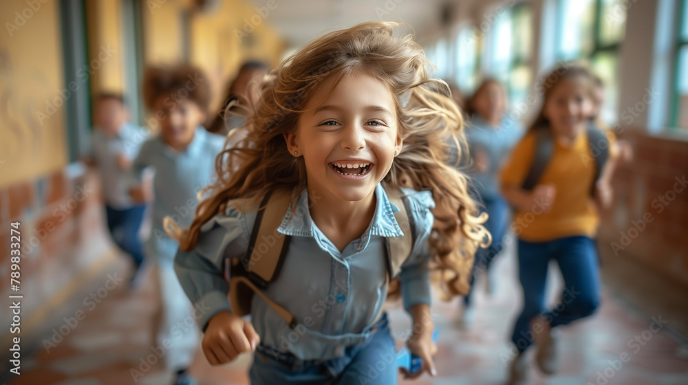 Cheerful children run along the corridors of the school. Cheerful children run along the corridors of the school.