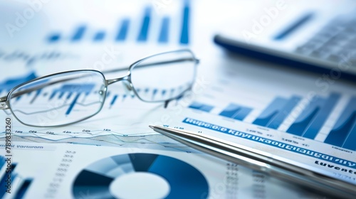 Financial charts and graphs on a table with glasses and a pen. Financial analysis and stock market data concept.