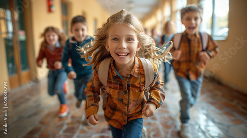 Cheerful children run along the corridors of the school.