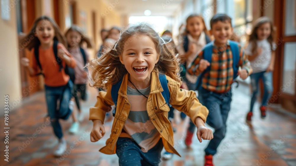 Obraz premium Cheerful children run along the corridors of the school.