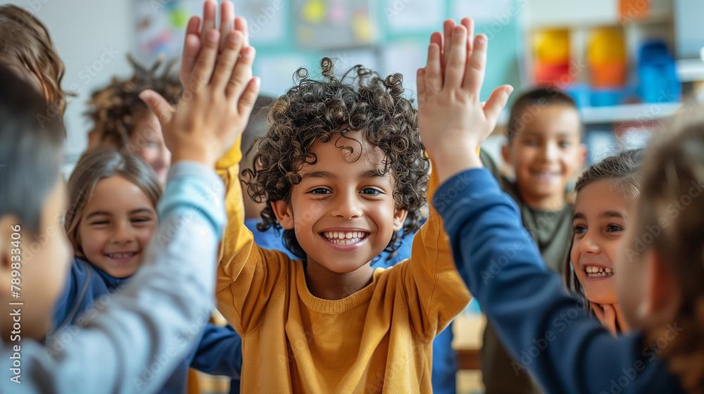 Happy diverse multiethnic kids junior school students group giving high five together in classroom. Excited children celebrating achievements, teamwork, diversity and friendship with highfive concept. Happy diverse multiethnic kids junior school students group giving high five together in classroom. Excited children celebrating achievements, teamwork, diversity and friendship with highfive concept.