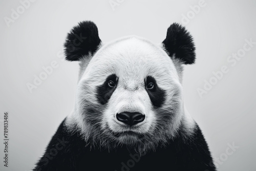 Embracing minimalism a black and white panda face on a white background, immortalized in high-resolution photography.
