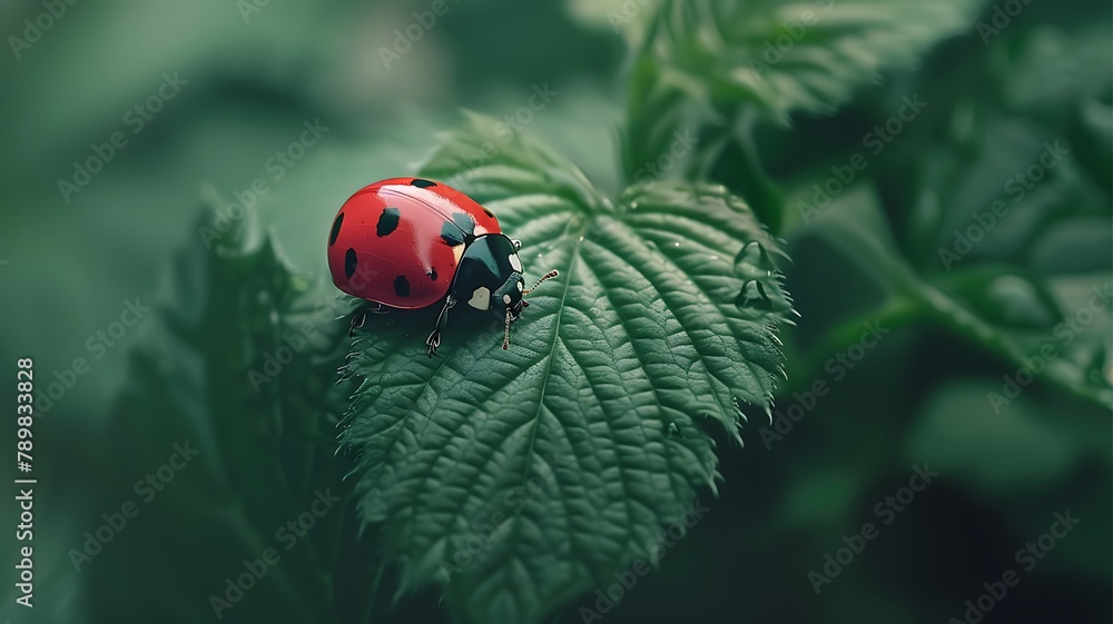 Obraz premium red ladybug adorned with delicate black spots leisurely crawling on a lush green leaf, macro photography - 1