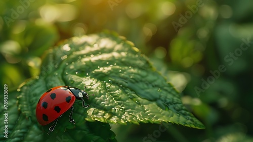 red ladybug adorned with delicate black spots leisurely crawling on a lush green leaf, macro photography