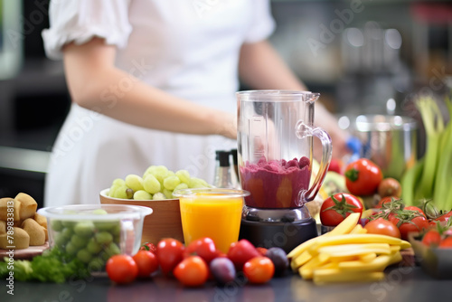 Female Chef's Hands Making a Smoothie, Featuring Blurred Fruits and a Blender in the Foreground, Showcasing a Clean Kitchen Environment