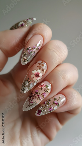 Exquisite floral nail art design on a woman's hand, showcasing intricate detail and a range of delicate spring flowers. 