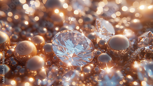 Zoom in on a pile of luxury items like diamonds and pearls, rendered in photorealistic detail