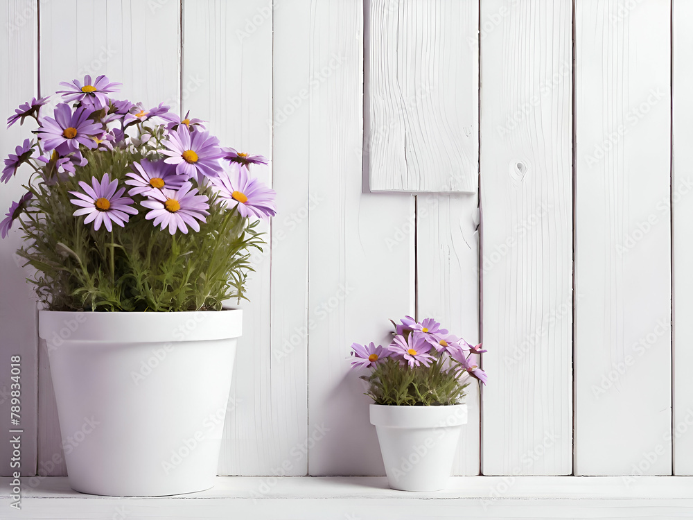 White old vintage wooden wall decorated with purple Daisy in white  pots for background