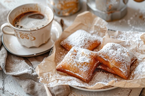 Beignets sprinkled with powdered sugar arranged on a plate in vintage style