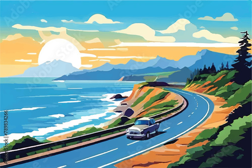 Summer road trip adventure, a scenic coastal highway with winding roads, breathtaking ocean views and a clear blue sky and beautiful sunset. Vector Illustration. 