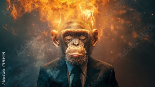 A monkey with a humanoid body wearing a suit and having flames on its head.Generative AI illustration