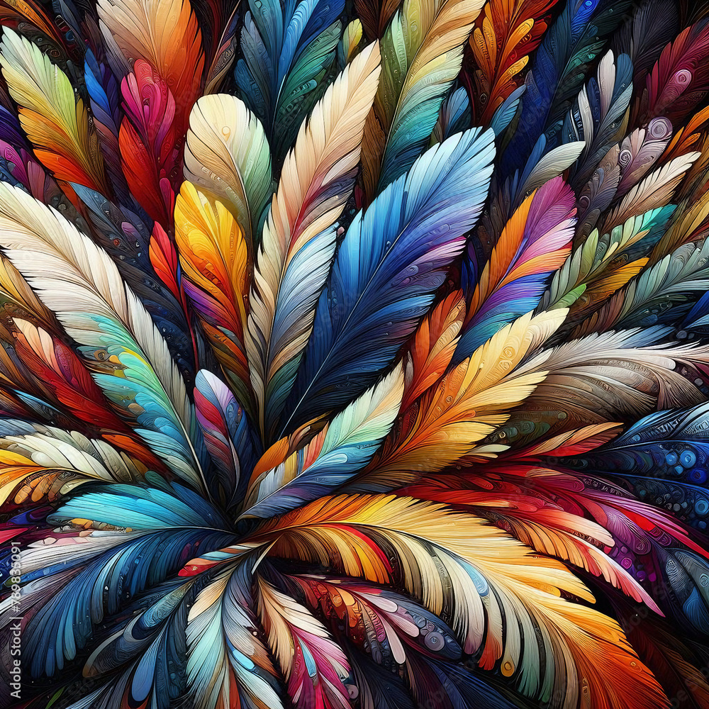 A pattern of colorful feathers arranged in a repeating design with colored stripes that include shades of blue, green, orange and red