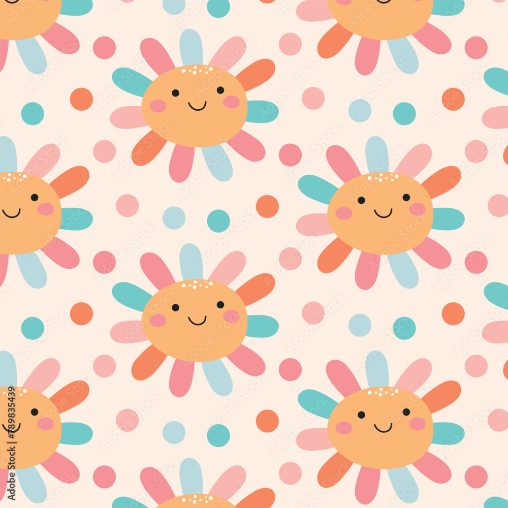 Abstract seamless pattern with cute kawaii smile flowers. Animal abstract pattern. Abstract seamless pattern with cute kawaii smile flowers. Animal abstract pattern.
