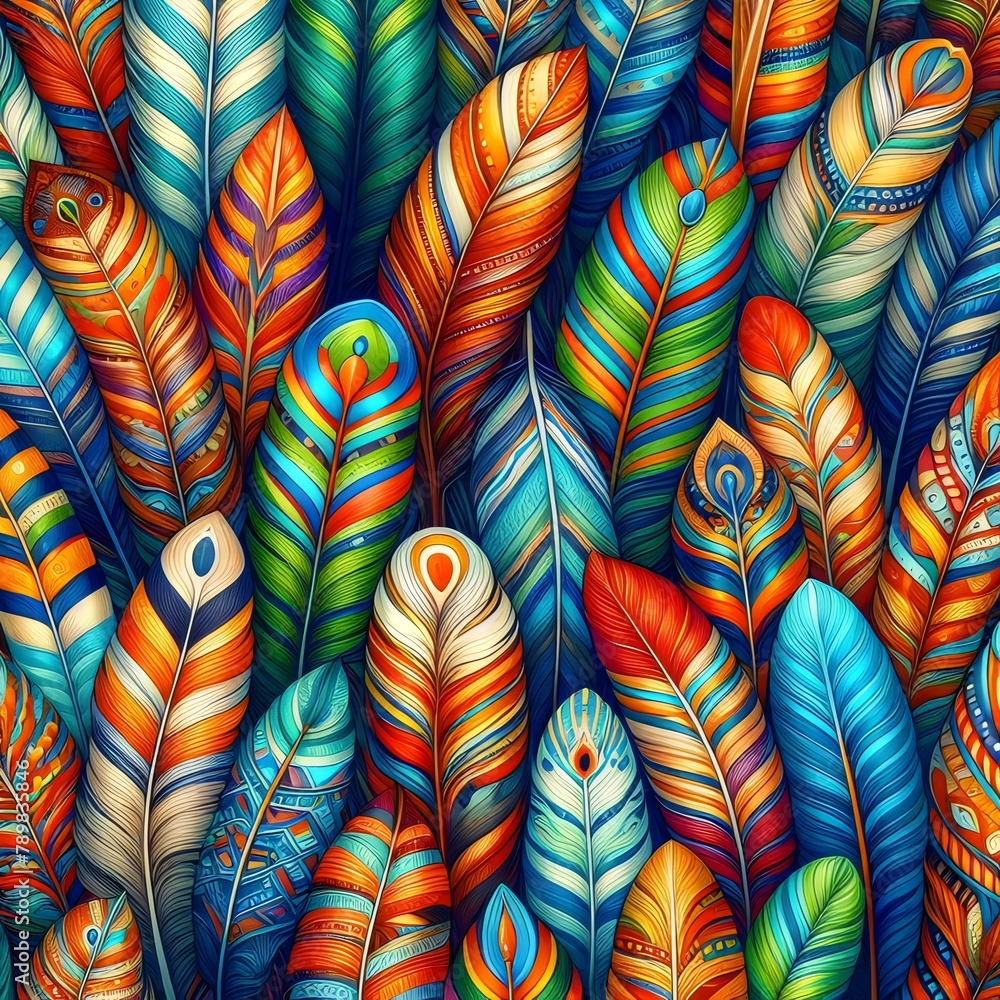 A pattern of colorful feathers arranged in a repeating design with colored stripes that include shades of blue, green, orange and red A pattern of colorful feathers arranged in a repeating design with colored stripes that include shades of blue, green, orange and red