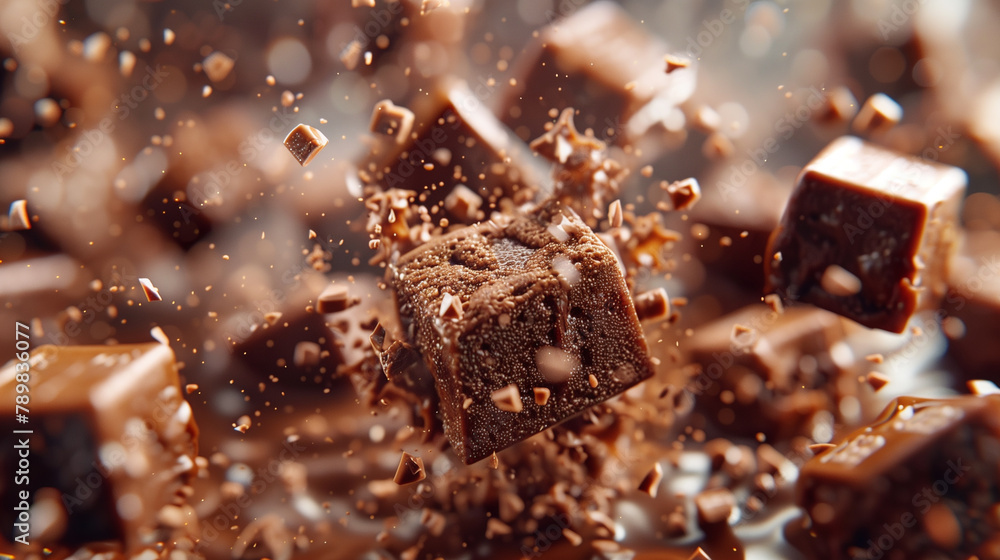 Fudge squares airborne in a rich dynamic chocolate confectionery scene Fudge squares airborne in a rich dynamic chocolate confectionery scene