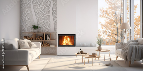 modern living room with fireplace ComfortableLiving and SleekDesign on a white wall background photo