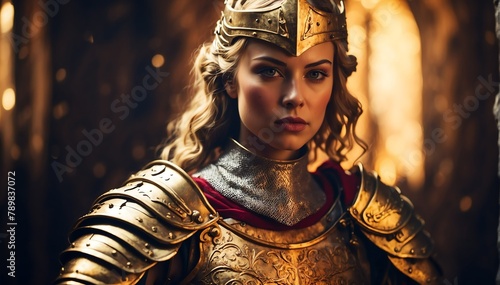 a female gold theme knight warrior on medieval era with glowing armor from Generative AI photo