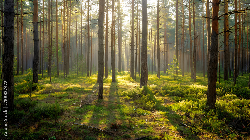 Obraz premium Early morning with sunrise in pine forest