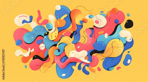 An abstract shape formed by cartoon matte gradient lines is complemented by whimsical squiggles in vibrant colors creating a quirky and endearing object