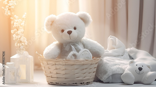 white teddy bear in a basket playtime toy for children on a sunlight background