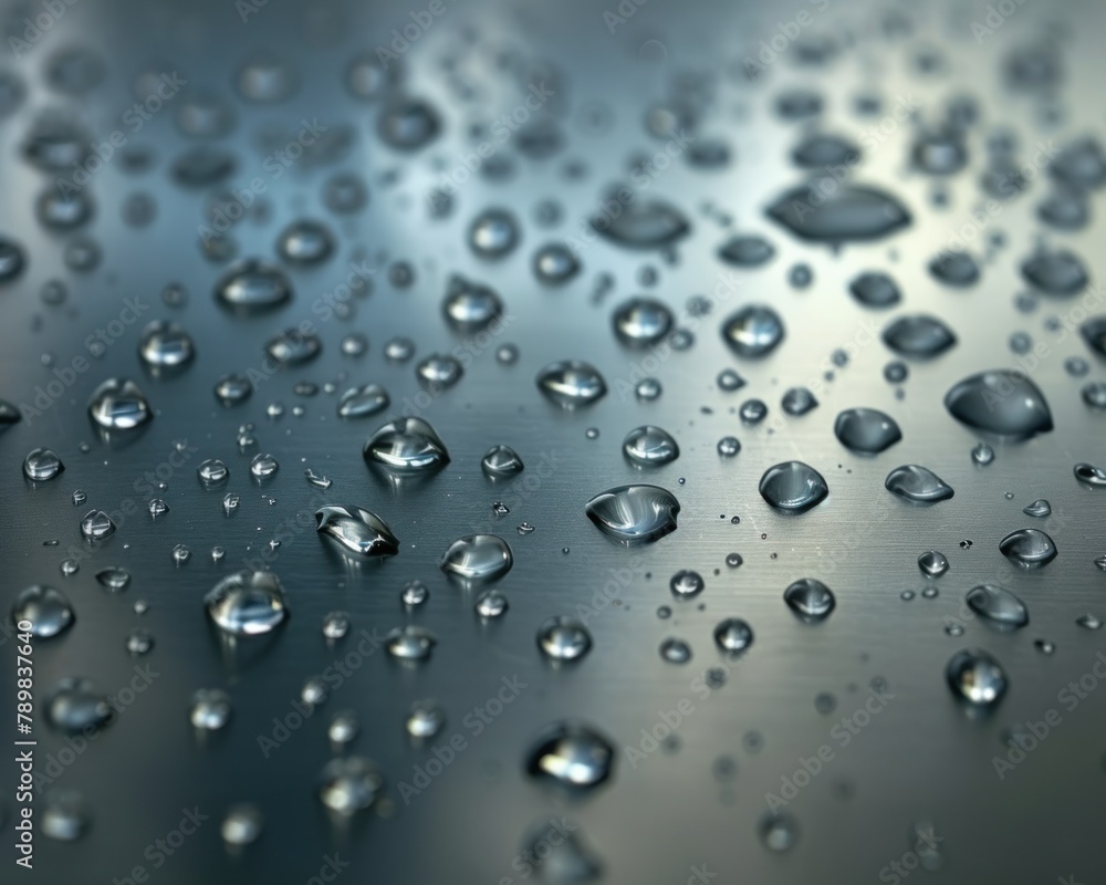 Hyper-realistic water droplets on a metallic surface reflecting subtle light
