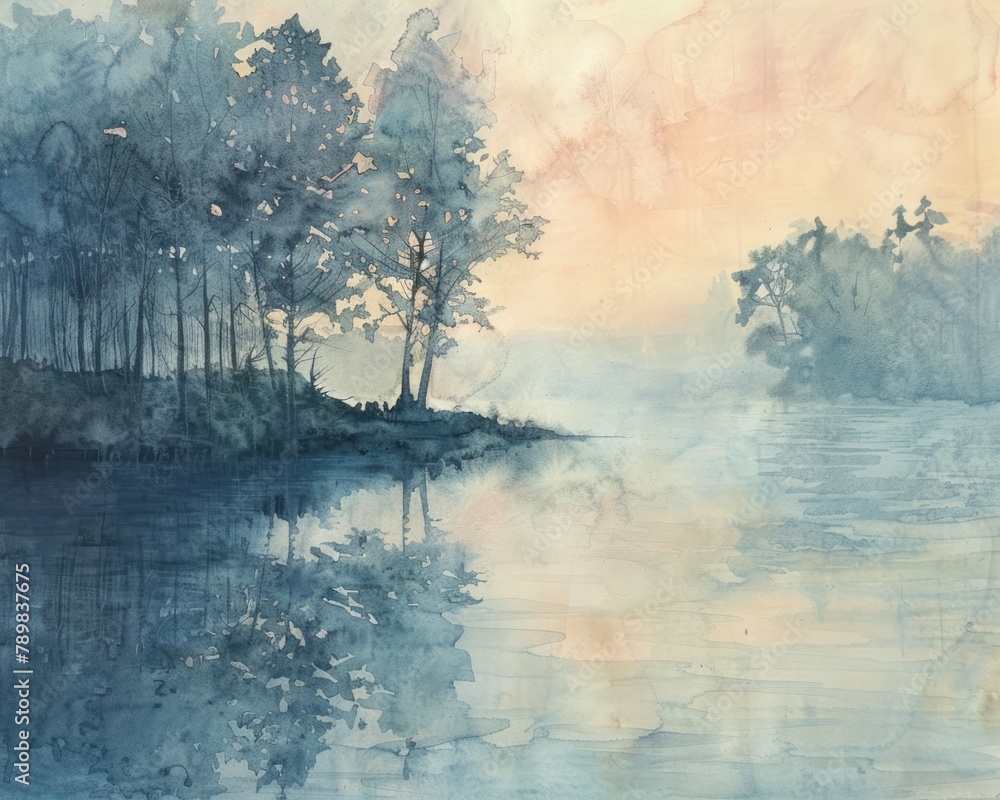 Gentle watercolor wash in pastel hues suggesting a peaceful morning mist over a calm lake
