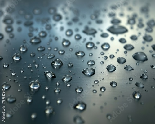 Hyper-realistic water droplets on a metallic surface reflecting subtle light