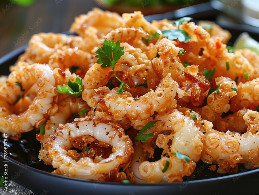Fried squid with garlic is a delectable seafood dish bursting with flavor! It's crispy on the outside and tender on the inside, with a delightful garlic aroma. Related tags: Seafood, Garlic, 