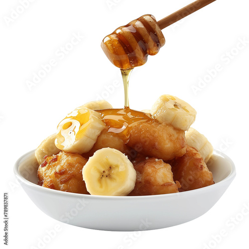 Tasty and Yummy Bunia Banana Fritters with Honey Drizzle Isolated On White Background  photo