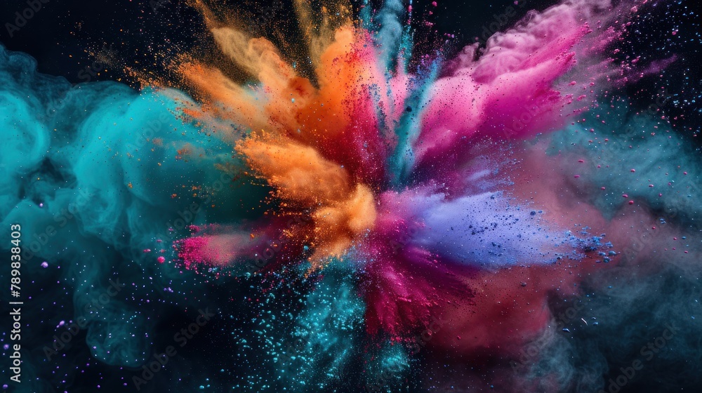 A dynamic colorful explosion of powder paints against a dark background