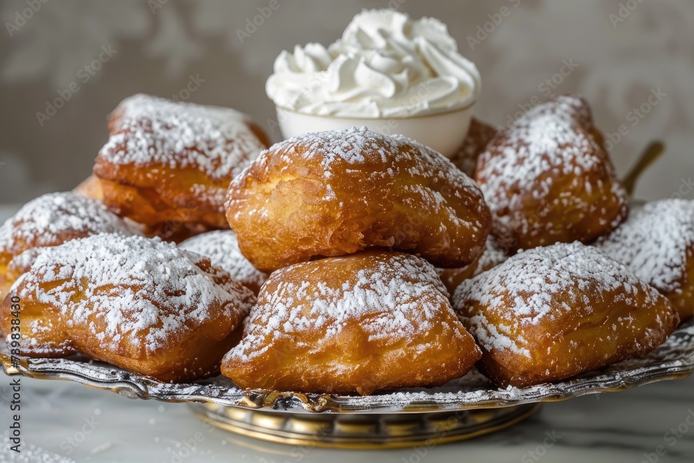 Beignets sprinkled with powdered sugar arranged on a plate in vintage style
