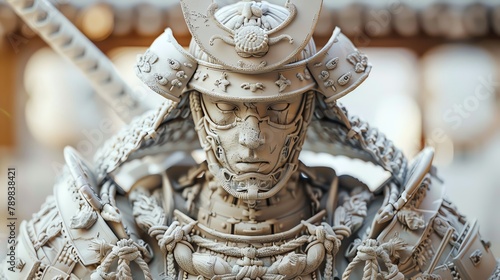 Sculpt a clay representation of a Frontal View Robotic Samurai, merging the precision of advanced robotics with the elegance of classic Japanese samurai design photo