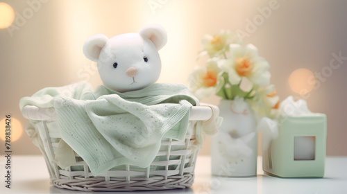 white teddy bear in a basket fluffy soft and cute on a plant in the vase background