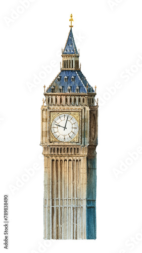 London's Big Ben png tower watercolor illustration on transparent background 