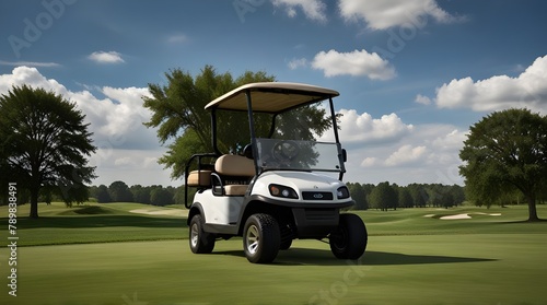 Golf cart car in fairway of golf course with fresh green grass field and cloud sky.generative.ai