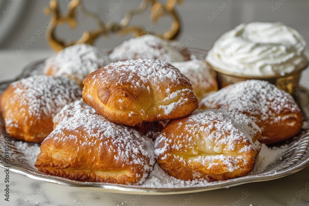 Beignets sprinkled with powdered sugar arranged on a plate in vintage style Beignets sprinkled with powdered sugar arranged on a plate in vintage style