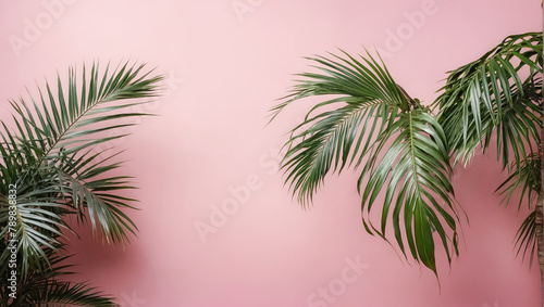 Creative layout of colorful palm leaves on a pink background in the rays of the sun  with shadows. Minimal summer exotic concept with copy space