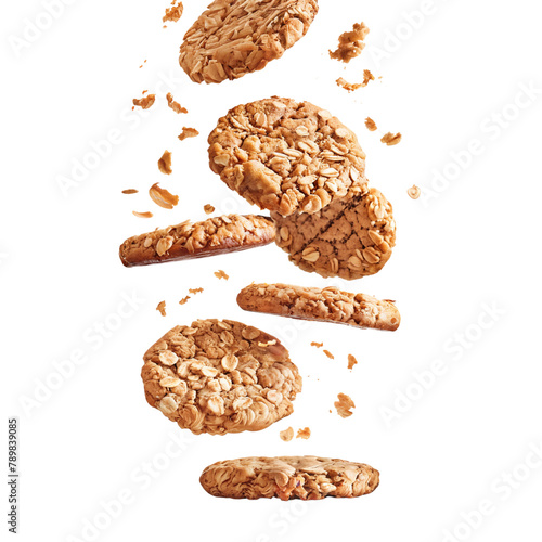 Falling oatmeal cookies isolated on transparent background