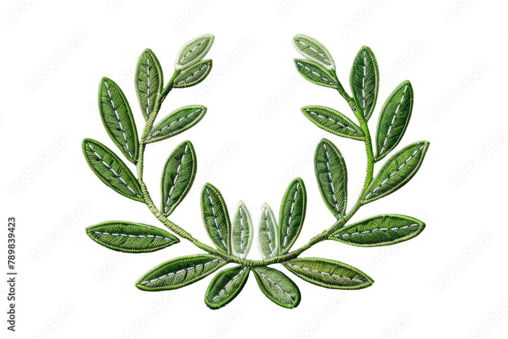 Naklejka premium Embroidered Laurel Wreath Patch. Green Leaf Embroidery Badge Isolated on Transparent Background. Triumph and Honor Concept. Design for Apparel, Accessory, Decoration