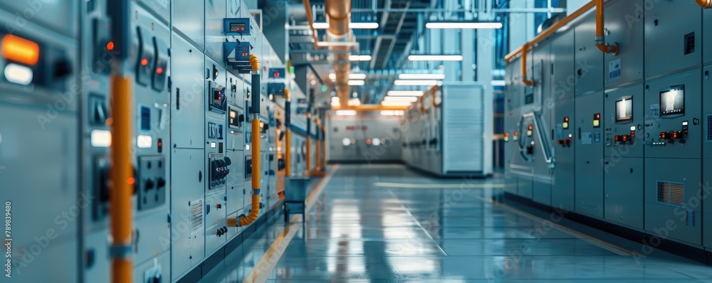 Fototapeta premium A corridor in an industrial control room with high-tech equipment displays modern technological advancement and complex operations.