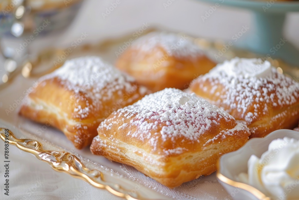 Beignets sprinkled with powdered sugar arranged on a plate in vintage style Beignets sprinkled with powdered sugar arranged on a plate in vintage style