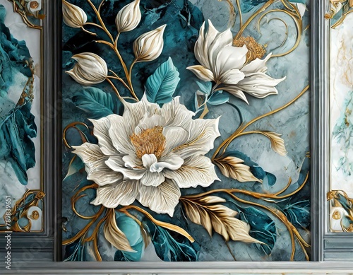 panel wall art, marble background with flowers designs , Ai Generate