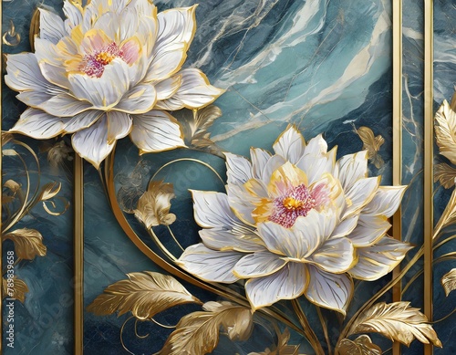 panel wall art, marble background with flowers designs , Ai Generate