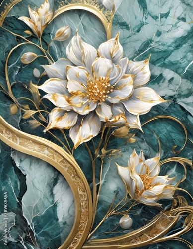 panel wall art, marble background with flowers designs , Ai Generate