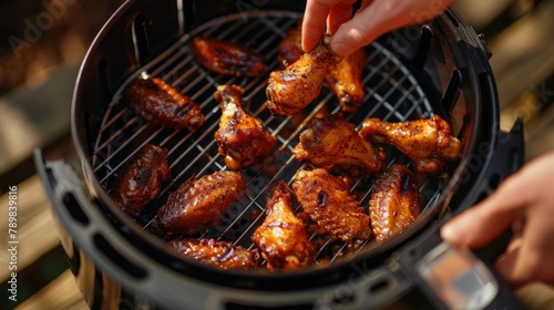 Hands placing a batch of seasoned chicken wings into the air fryer basket, promising a delicious and healthier alternative to traditional frying photo