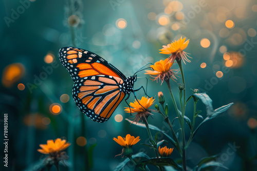 Graceful monarch butterfly delicately perched on a blooming wildflower. photo