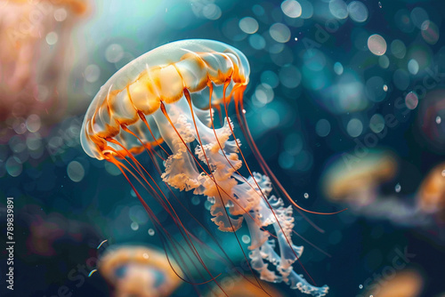 Graceful jellyfish floating effortlessly in the depths of the ocean.