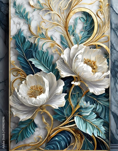 panel wall art, marble background with flowers designs , Ai Generate